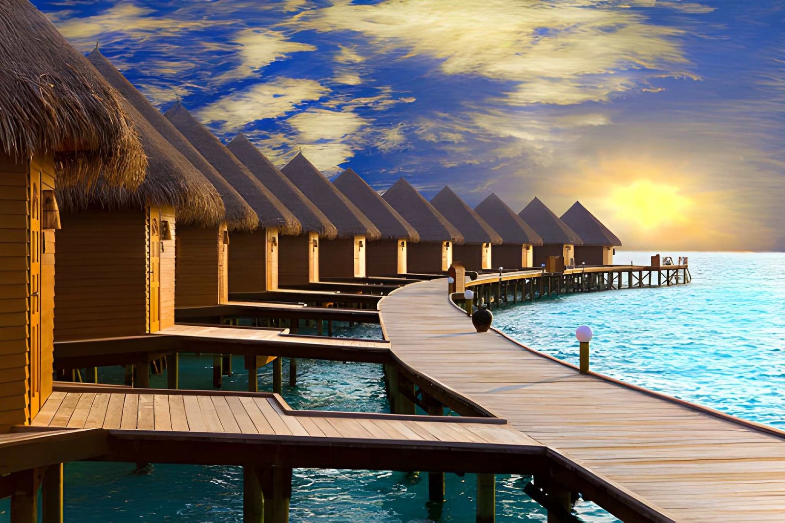Overwater villas at sunset